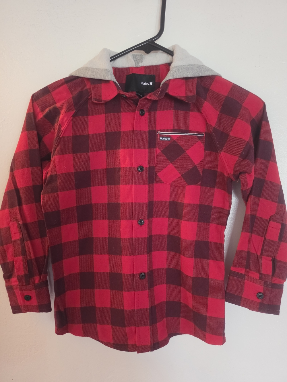 Hurley Red & Black Plaid Button-Down Shirt with Gray Hood